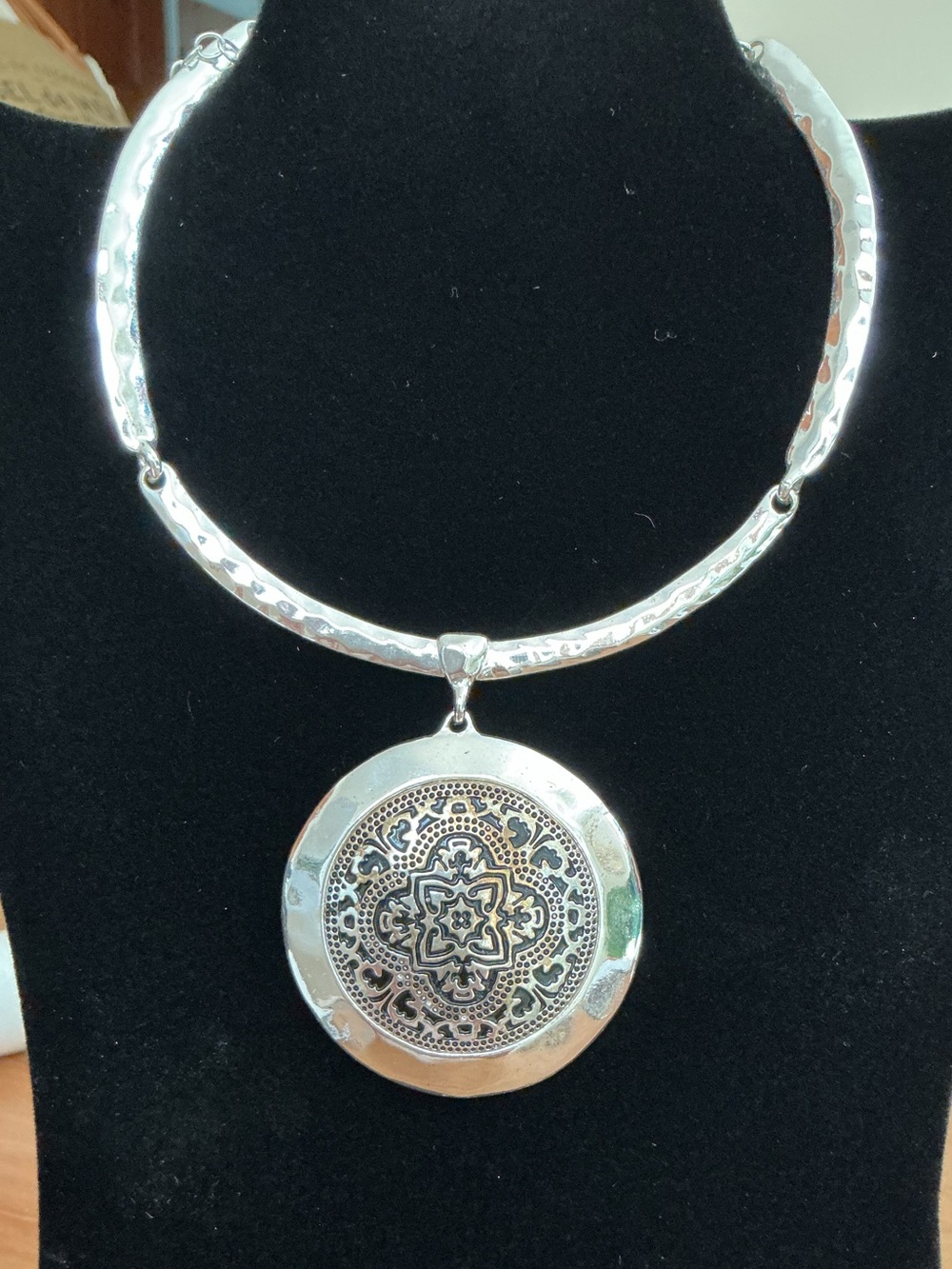 Scroll and Vine Bohemian Silver Hammered Collar Necklace Medallion Pendant
